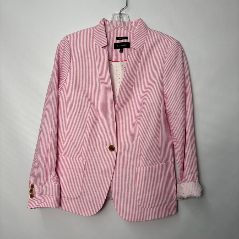 Talbots Aberdeen Pink White Striped Seersucker Blazer Jacket Womens Size 8